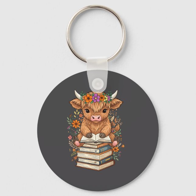 Cute Baby Highland Cow Reading Book Librarian Book Nyckelring (Framsida)