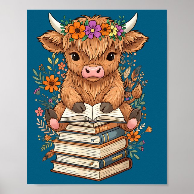 Cute Baby Highland Cow Reading Book Librarian Book Poster (Framsidan)
