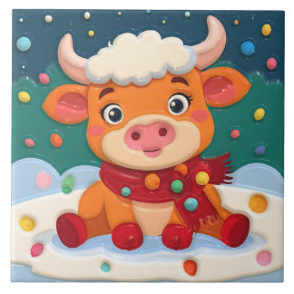 Cute Baby Highland Cow w Christmas Lights on Teal Kakelplatta