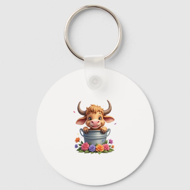 Cute Baby Highland Cow With flowers Calf Animal co Nyckelring (Framsida)