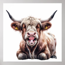 Cute Baby Highland Cow with Flowers - Farm Nursery Poster