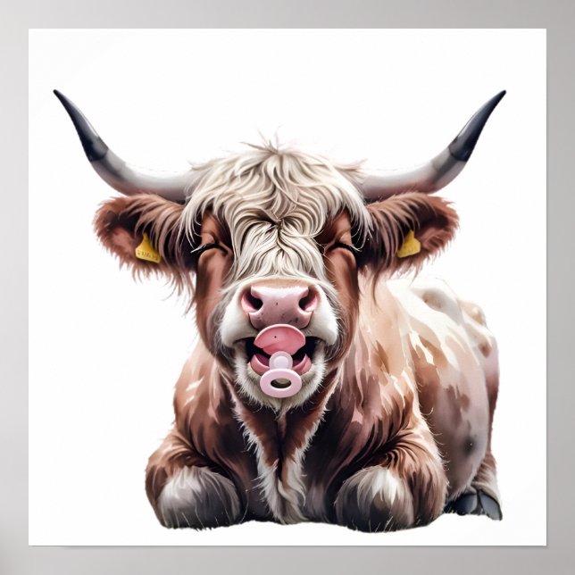 Cute Baby Highland Cow with Flowers - Farm Nursery Poster (Framsidan)
