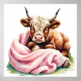 Cute Baby Highland Cow with Flowers - Farm Nursery Poster