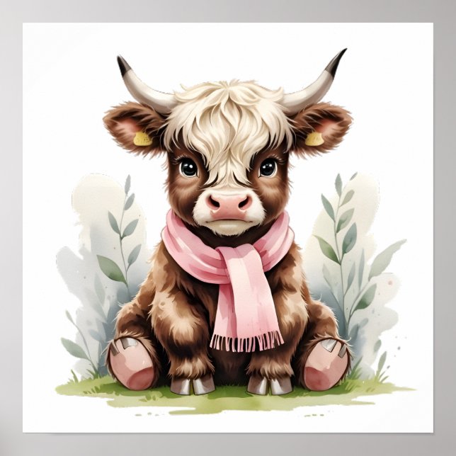 Cute Baby Highland Cow with Flowers – Farm Nursery Poster (Framsidan)