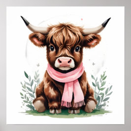 Cute Baby Highland Cow with Flowers - Farm Nursery Poster