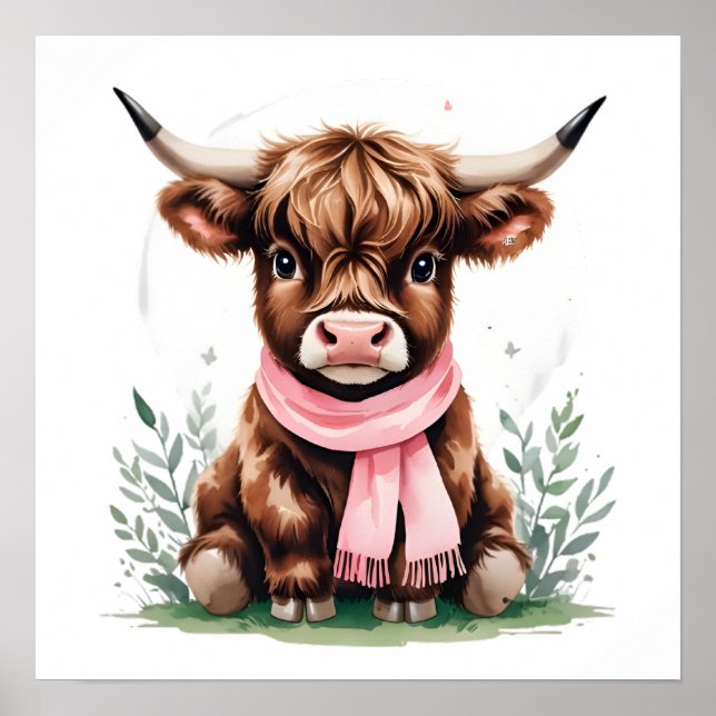 Cute Baby Highland Cow with Flowers - Farm Nursery Poster (Framsidan)