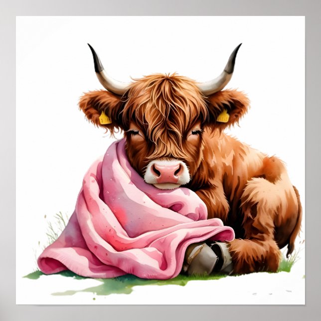Cute Baby Highland Cow with Flowers Poster (Framsidan)