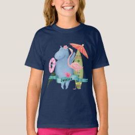 Cute Baby Hippo med eget namn Flamingo T Shirt