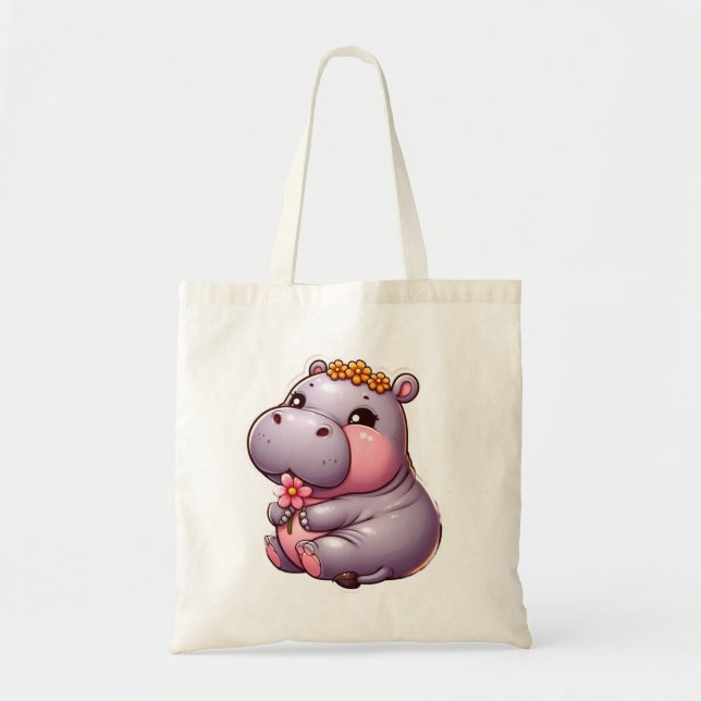 Cute Baby Hippo Tote Bag Tygkasse (Framsidan)