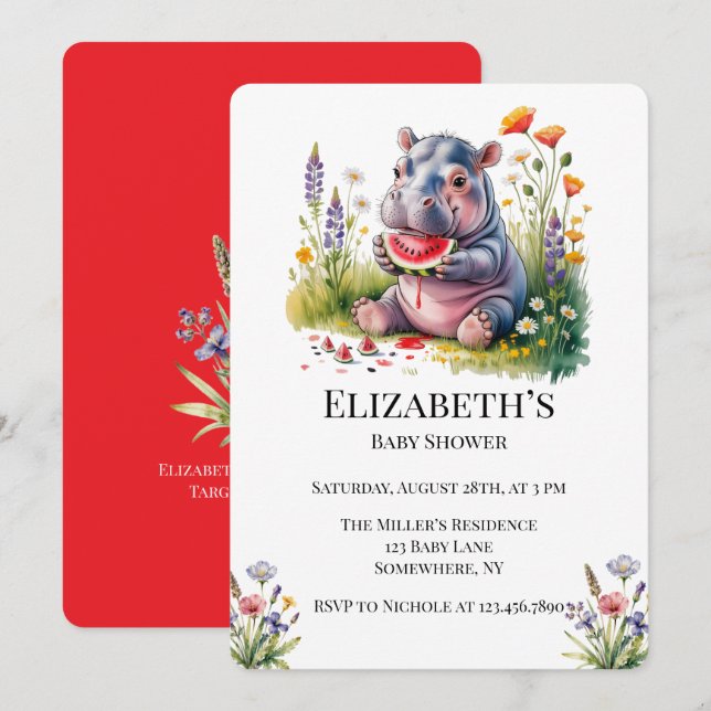 Cute Baby Hippopotamus Watermelon Baby Shower  Inbjudningar (Fram/baksida)