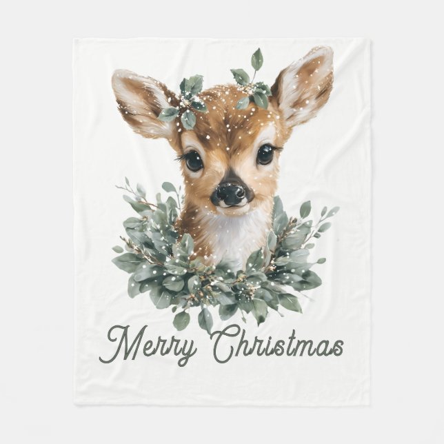 Cute Baby Hjort God jul - Vattenfärgsfärg Fawn Fleecefilt (Framsidan)