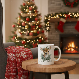 Cute Baby Hjort God jul - Vattenfärgsfärg Fawn Kaffemugg