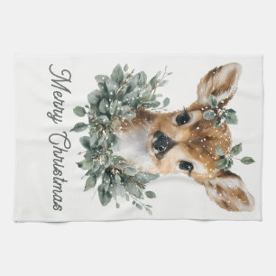 Cute Baby Hjort God jul - Vattenfärgsfärg Fawn Kökshandduk