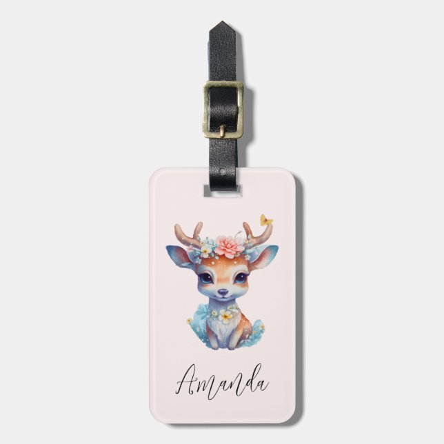Cute Baby Hjort med Antlers och Flowers Bagagebricka (Vertikal Framsida)