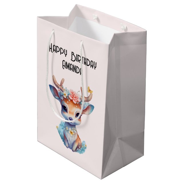 Cute Baby Hjort med Antlers och Flowers Birthday (Baksidan Vinklad)