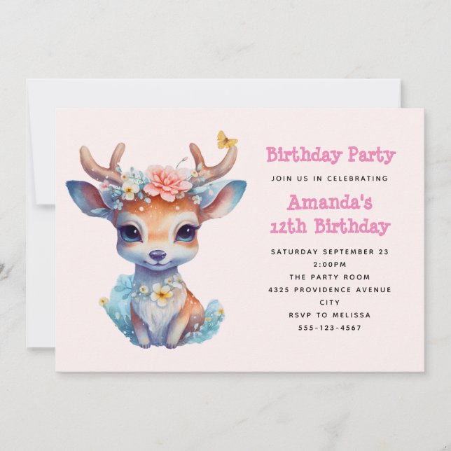 Cute Baby Hjort med Antlers och Flowers Birthday Inbjudningar (Framsida)