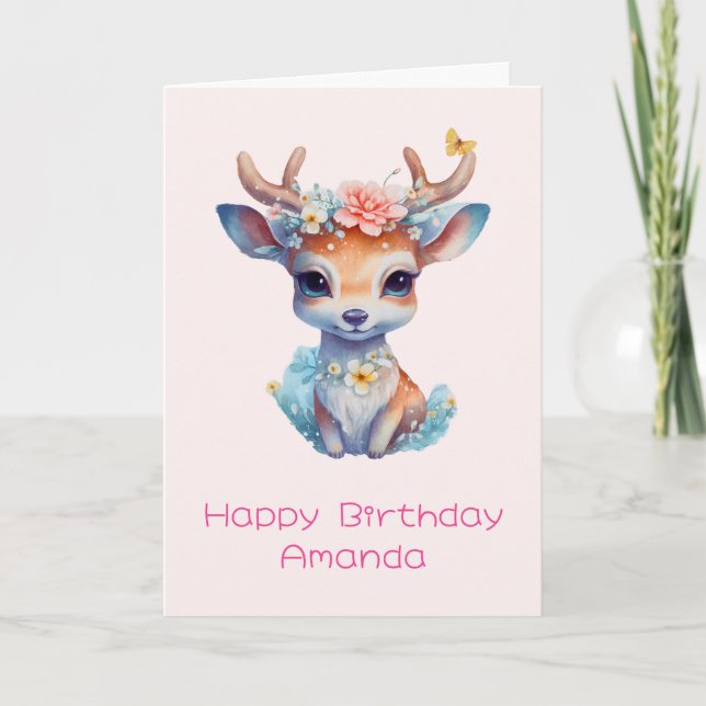 Cute Baby Hjort med Antlers och Flowers Birthday Kort (Framsida)