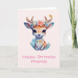 Cute Baby Hjort med Antlers och Flowers Birthday Kort