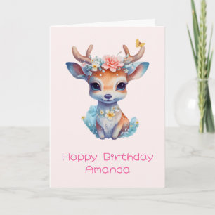 Cute Baby Hjort med Antlers och Flowers Birthday Kort
