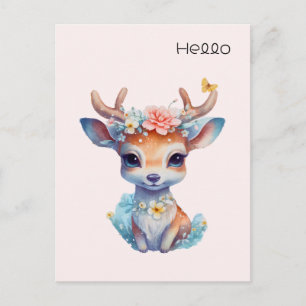 Cute Baby Hjort med Antlers och Flowers Hej Vykort