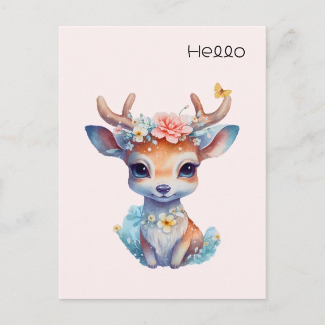 Cute Baby Hjort med Antlers och Flowers Hej Vykort (Framsida)