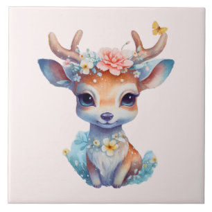 Cute Baby Hjort med Antlers och Flowers Kakelplatta