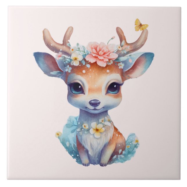 Cute Baby Hjort med Antlers och Flowers Kakelplatta (Framsidan)