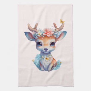 Cute Baby Hjort med Antlers och Flowers Kökshandduk