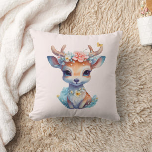Cute Baby Hjort med Antlers och Flowers Kudde