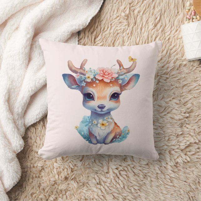 Cute Baby Hjort med Antlers och Flowers Kudde (Filt)