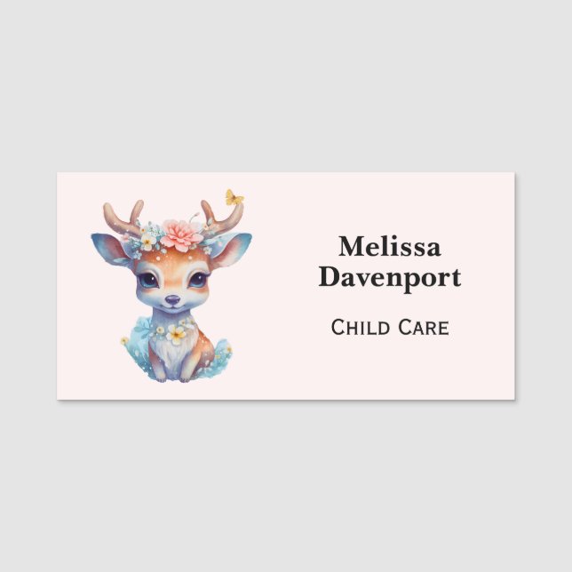 Cute Baby Hjort med Antlers och Flowers Namnbricka (Framsida)