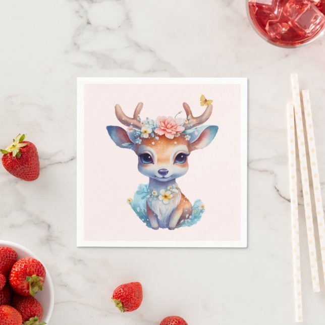 Cute Baby Hjort med Antlers och Flowers Pappersservett (Insitu)