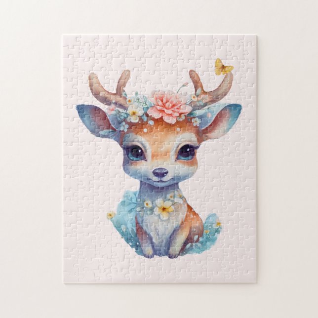 Cute Baby Hjort med Antlers och Flowers Pussel (Vertikal)