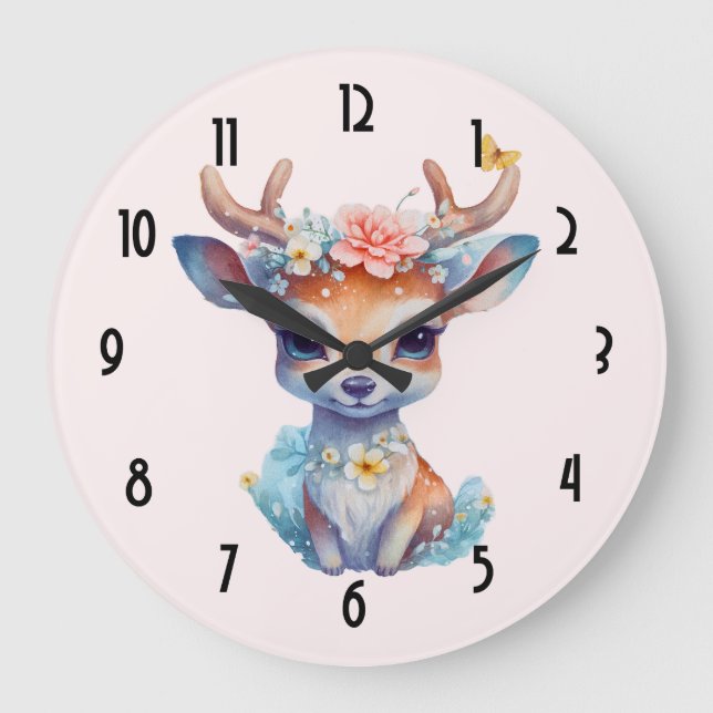 Cute Baby Hjort med Antlers och Flowers Stor Klocka (Framsida)