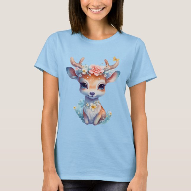 Cute Baby Hjort med Antlers och Flowers T Shirt (Framsida)