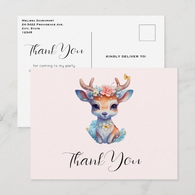 Cute Baby Hjort med Antlers och Flowers Tack Vykort (Fram/baksida)