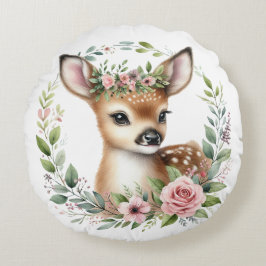 Cute Baby Hjort med Rosa Blommigt Rund Kudde
