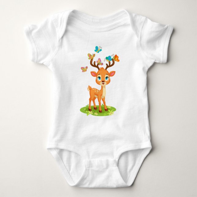 Cute Baby Hjort som leker med Butterfles-23475 T Shirt (Framsida)