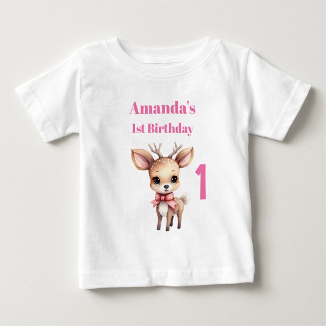 Cute Baby Hjort Tecknad Illustration 1:a födelseda T Shirt (Framsida)