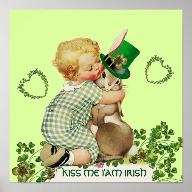 CUTE BABY HUGGING RABBIT Irish St. Patrick's Day Poster (Framsidan)