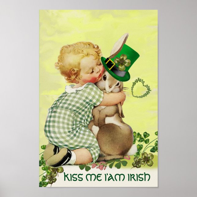 CUTE BABY HUGGING RABBIT Irish St.Patrick's Day Poster (Framsidan)
