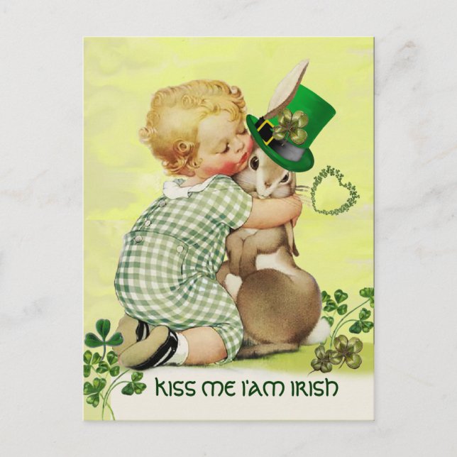 CUTE BABY HUGGING RABBIT Irish St. Patrick's Day Vykort (Framsida)