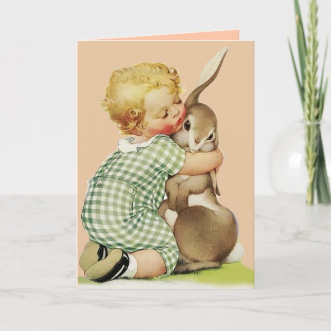 CUTE BABY HUGGING RABBIT,Rosa Birthday Helgkort (Framsida)