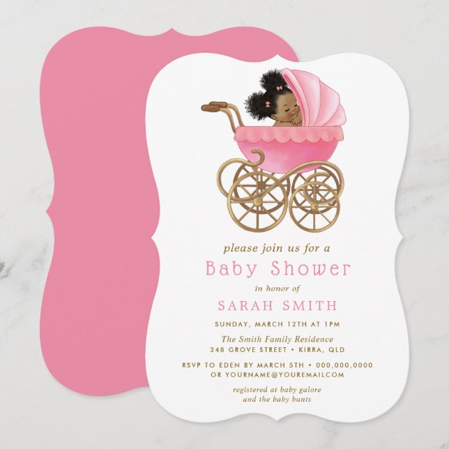 Cute Baby i Barnvagn Rosa Baby Shower inbjudan (Fram/baksida)