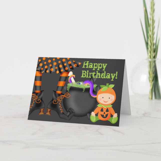 Cute Baby i Pumpkin Costume Halloween Birthday Kort (Framsida)