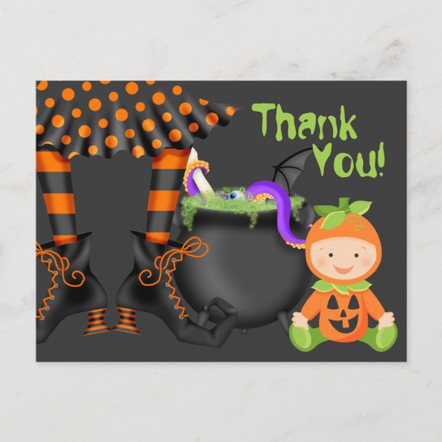 Cute Baby i Pumpkin Costume Halloween Tack Vykort (Framsida)