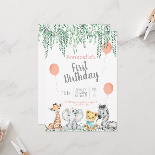 Cute Baby Jungle Animals Greenery First Birthday Inbjudningar (Fram/Back In Situ)
