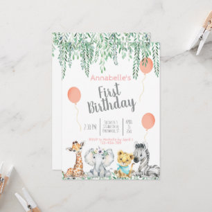 Cute Baby Jungle Animals Greenery First Birthday Inbjudningar