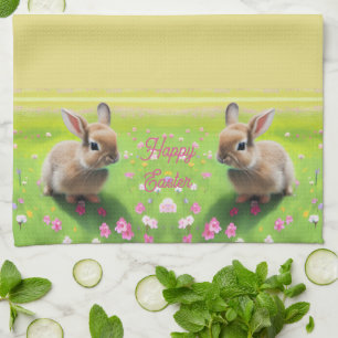 Cute baby-kanin i en blomskugga, påsk kökshandduk