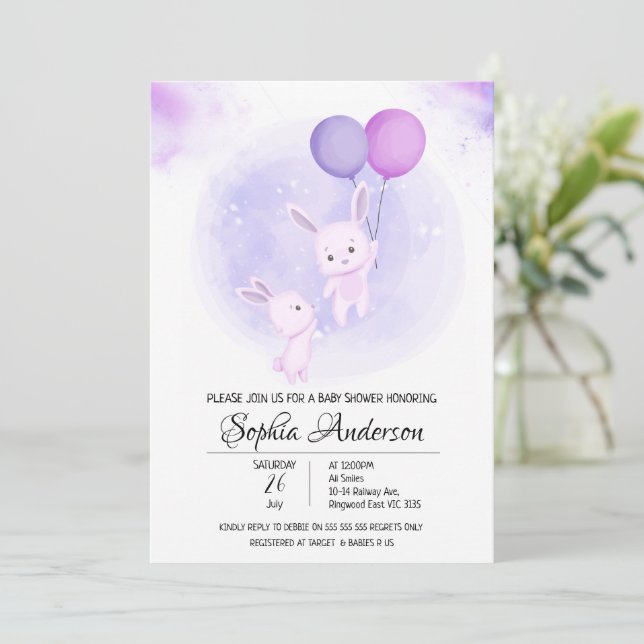 Cute Baby-kaniner med Balloons Girl's Baby Shower Inbjudningar (Stående Fram)